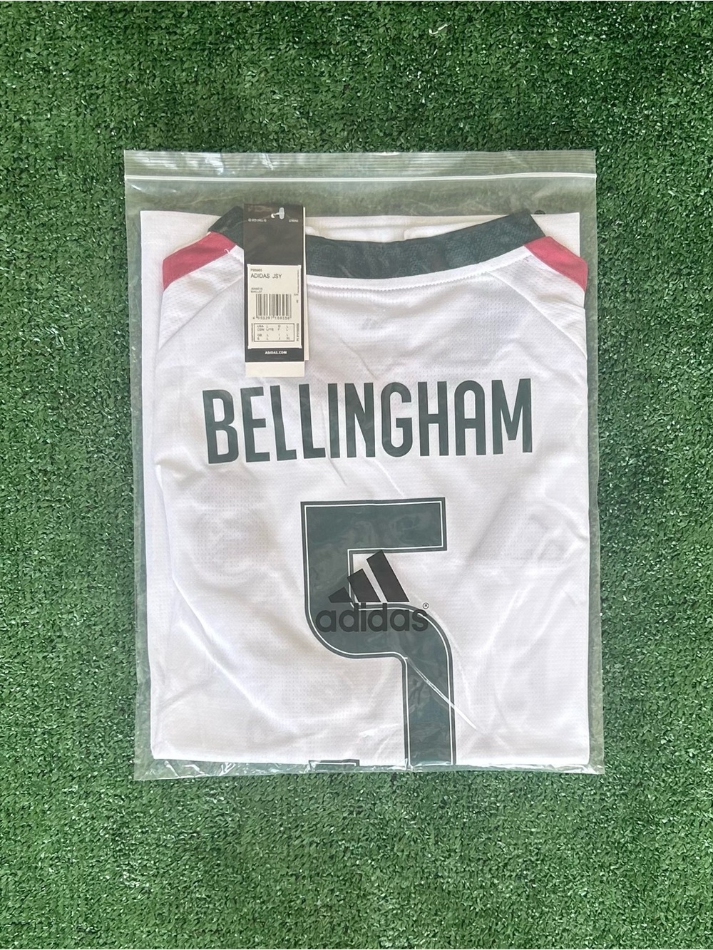 adidas White Kids Soccer Jersey Bellingham #5 with Dark Green Accents